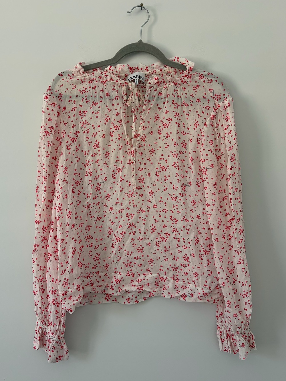 GANNI Georgette White Red Floral Ruffle Neck Tie Long Sleeve Boho Sheer Blouse 2